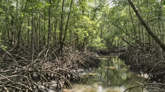 A captivating view through a dense mangrove forest, revealing an intricate network of intertwined stilt roots emerging from the murky, calm water of a winding stream or canal. Lush green foliage forms