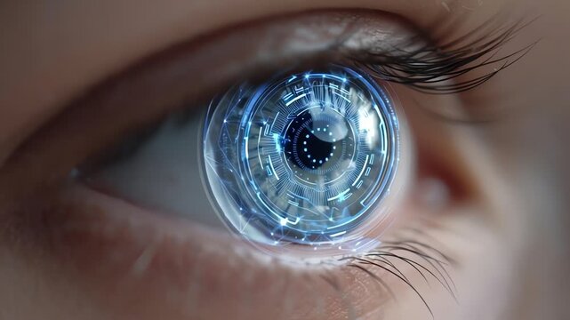 Close-up portrait of a human eye with a futuristic blue iris and circular patterns in the pupil against a blurred skin background.