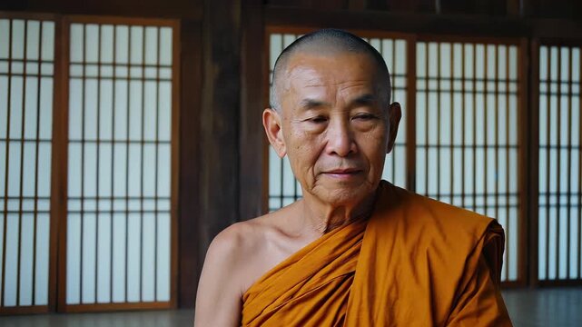 An elderly monk sits in a temple, meditating on tatami mats. The wooden doors of the temple create a simple setting for this reflective moment. The scene offers a look at mindfulness practice