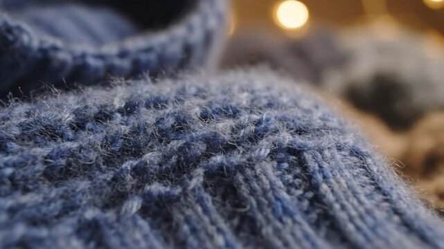 Close-up of a blue knitted sweater with a soft texture, showcasing cozy warm clothing details