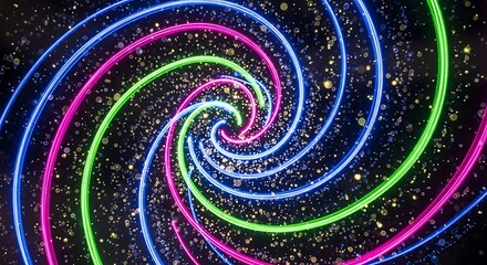 Multicolored neon light trails form a vibrant spiral against a dark, particle-filled background
