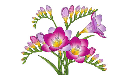 Obraz premium Vibrant Freesia Flowers Illustration for Elegant Spring Floral Designs, Wedding Invitations, and Beauty Products.