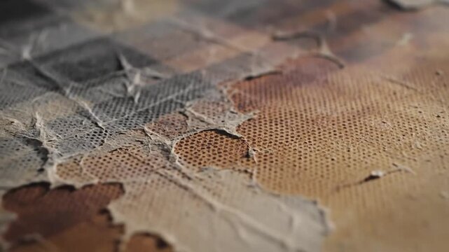 Close up view of distressed fabric showing textured grid pattern and torn layers