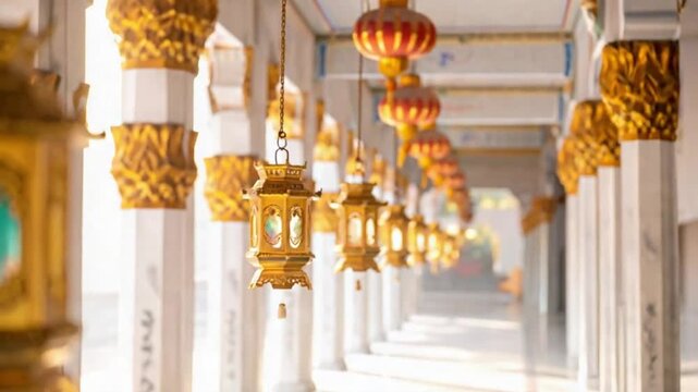 Golden ornate lanterns illuminate a traditional temple hallway