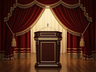 Elegant mahogany podium with opulent drapery backdrop and glossy flooring
