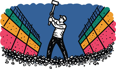 Man with sledgehammer breaking colorful walls demolition illustration