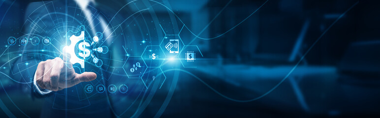 FinTech analyst hand touch solution FinTech application, digital payments investments blockchain...