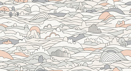 Obraz premium Detailed hand-drawn landscape illustration featuring layers of rolling hills and stylized trees in a soft pastel color palette for background.