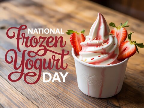 National frozen yogurt day celebration with delicious strawberry frozen yogurt in a cup on wooden table