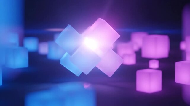Abstract glowing cubes in blue and pink, floating in a dark space.