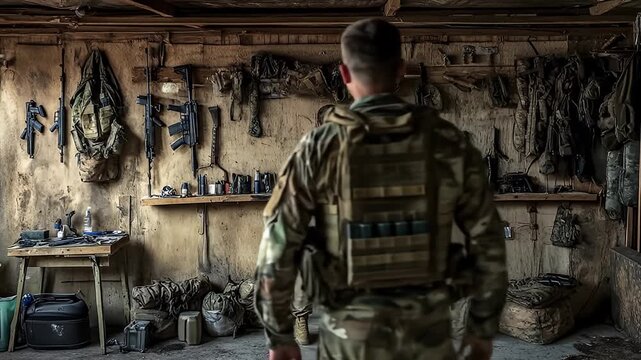 Soldier In Camouflage Gear Stands In A Stocked Armory Filled With Weapons And Equipment In A Rustic Setting Under Dim Lighting