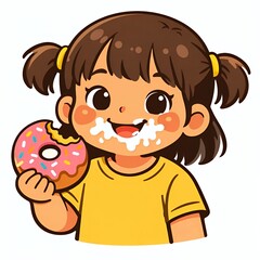 Obraz premium Cute Little Girl with Donut and Creamy Smile – Flat Illustration