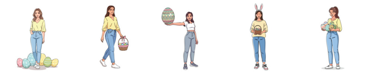 Fototapeta premium Easter Adult Woman Character Vector Flat Illustration Spring Holiday Activity Set