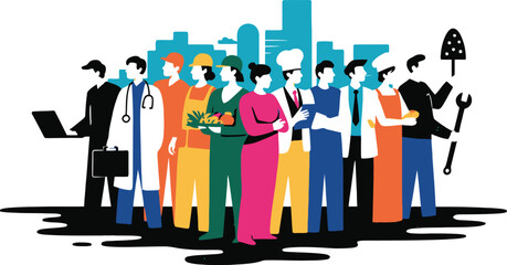 Multicultural professionals city skyline career diversity illustration