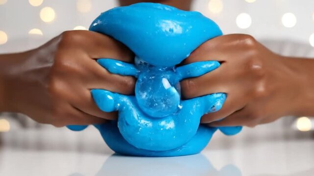 Close-up of hands squeezing and stretching blue slime for satisfying sensory textures and relaxing experience
