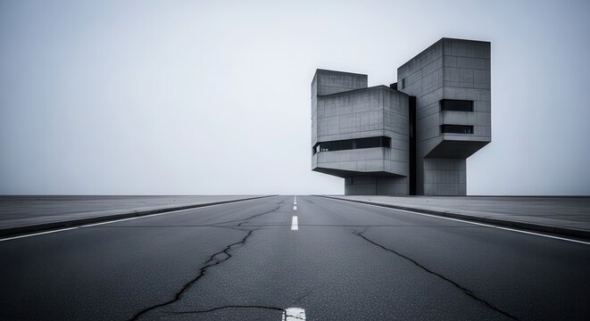 Striking geometric building hovers above an empty road under a pale sky
