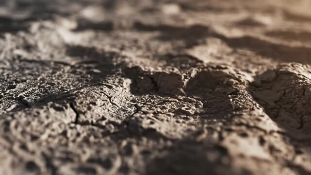 Close-up slow pan across arid cracked dry earth surface texture with sunlight illuminating the rough terrain
