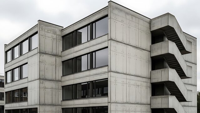 Concrete facade with rhythmic window arrangement and external staircase