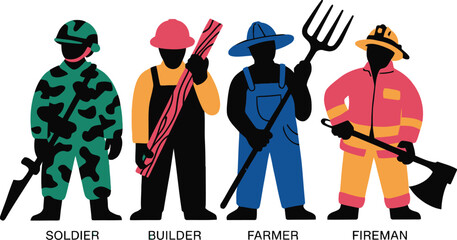 Professional silhouettes representing soldier builder farmer and fireman occupations