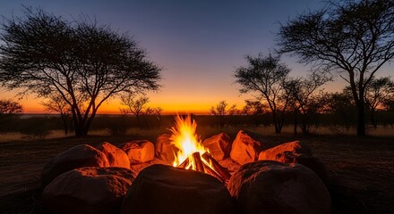 Bright campfire illuminates surrounding stones under a dusky evening sky in an arid landscape