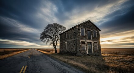 Dilapidated stone structure stands beside an endless rural highway at dramatic twilight