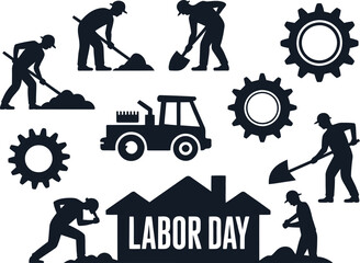 Silhouettes of workers excavating ground with various tools icons