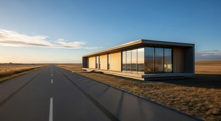 Fototapeta premium Contemporary modular dwelling sits beside an endless straight highway stretching toward the horizon