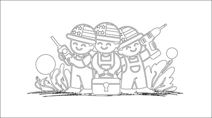 Smiling Labor Day construction workers line art with American flag hats