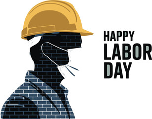 Worker silhouette wearing hard hat and mask for Happy Labor Day