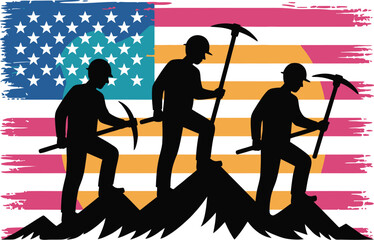 Workers Silhouettes with Pickaxes on Mountain and American Flag