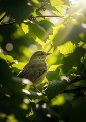 Obraz premium Bird Resting in Tree Branch Lit By Sunlight Streaming Through Foliage