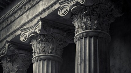 Ancient stone columns, intricate carvings, historical building facade, close-up architectural detail