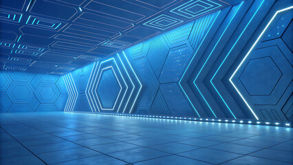 Obraz premium Futuristic Blue Neon Hexagon Tunnel Corridor with Geometric Patterns, Abstract Technology Background