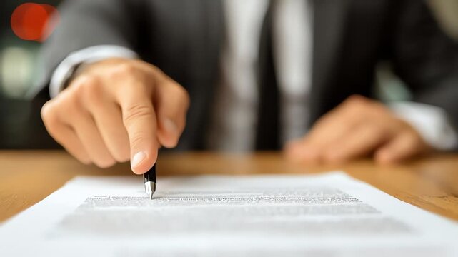 Close-up of a businessman's hand signing a document with a pen on a wooden desk in a professional setting.