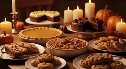 Fototapeta premium Festive Holiday Table Setting with Cakes Cookies and Candles