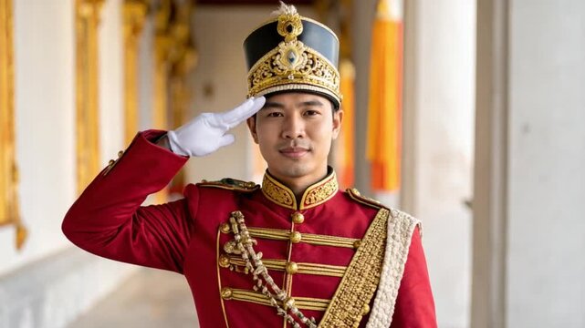 Asian man in ceremonial uniform saluting with dignity and pride