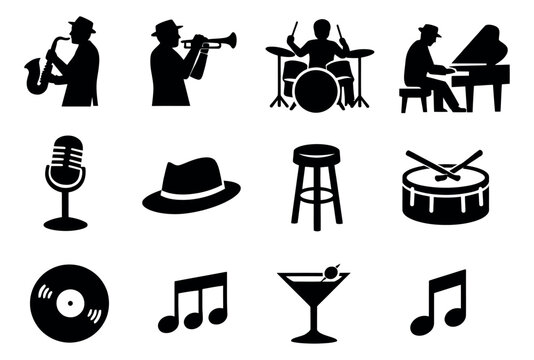 Silhouette jazz music set featuring musicians, instruments, and related icons for entertainment events and bar concepts