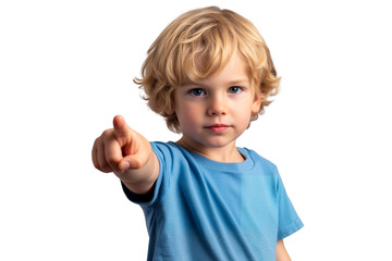 Serious blonde boy in a blue t-shirt pointing directly at the camera, isolated on transparent background