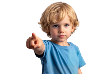 Serious blonde boy in a blue t-shirt pointing directly at the camera, isolated on transparent background