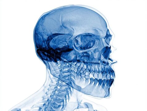 Detailed blue-tinted X-ray image of a human skull and upper cervical spine in profile.