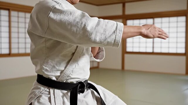 A dedicated martial artist in a traditional white gi and black belt practices powerful punches and defensive blocks in a serene dojo, demonstrating discipline and mastery of self-defense techniques w.