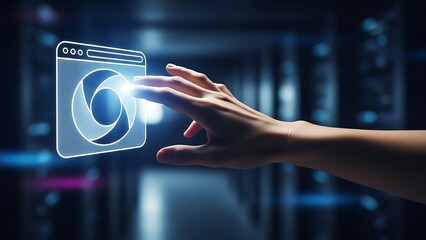 hand interacting a hand reaching out to touch a glowing camera icon on a digital screen in a futuristic interface