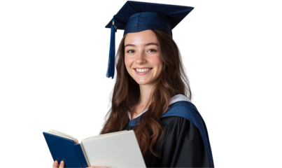 Portrait of a smiling female college student graduate holding diploma, isolated on transparent background	