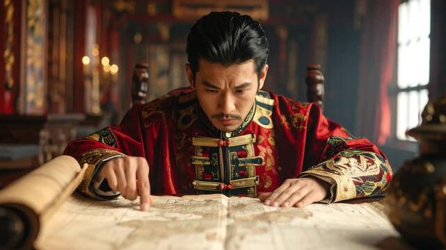 Focused Asian Man in Traditional Robe Studying Ancient Map