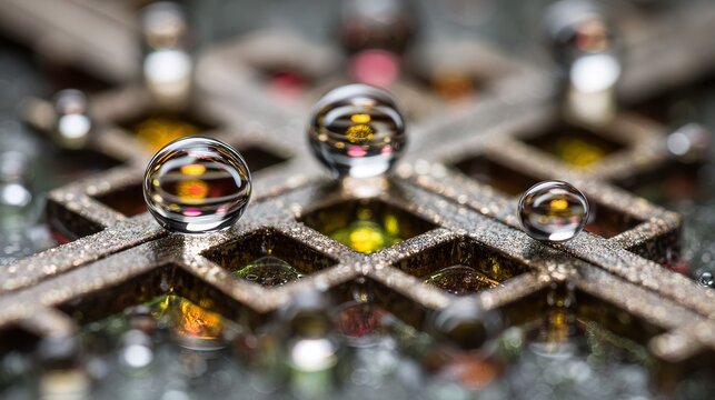 Rectangular glass plate with etched grid and tiny clear liquid droplets on each intersection, macro view highlighting transparency, texture, reflections, and minimalist precise design.
