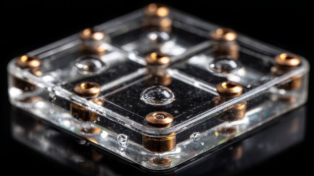 Rectangular glass plate with etched grid and tiny clear liquid droplets on each intersection, macro view highlighting transparency, texture, reflections, and minimalist precise design.