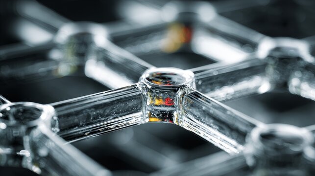Rectangular glass plate with etched grid and tiny clear liquid droplets on each intersection, macro view highlighting transparency, texture, reflections, and minimalist precise design.