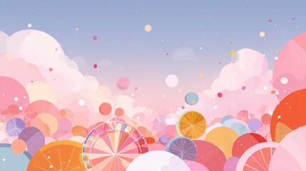Colorful Abstract Landscape with Round Shapes and Soft Clouds