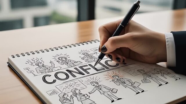 Close up on a person wearing a dark suit and white shirt writing the word CONFLICT and drawing stick figures in a conflict scenario on a notepad on a wooden table