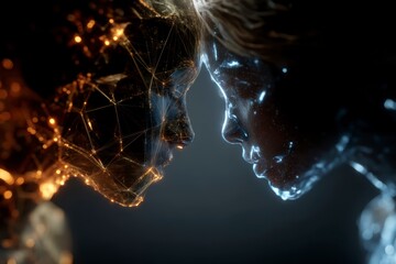 Futuristic Portrait of Two Abstract Figures in Intense Connection